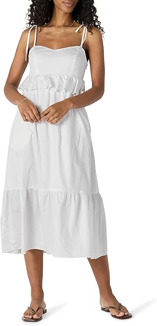 Women's Fit and Flare Cotton Sateen Empire Waist Midi Ruffle Dress