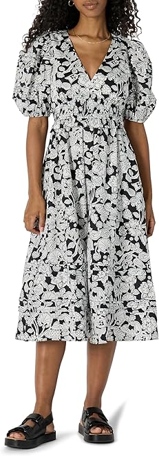 Women's Regular-Fit Cotton Sateen Puff Sleeve Midi Dress, V-Neck