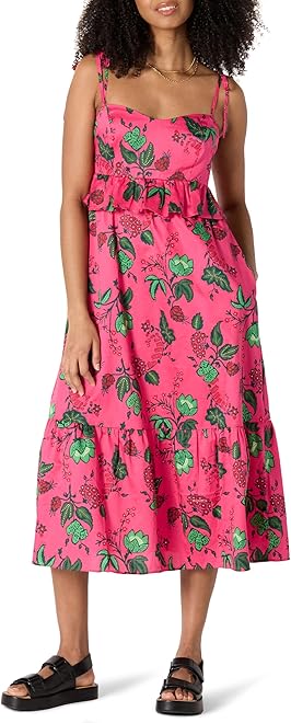Women's Fit and Flare Cotton Sateen Empire Waist Midi Ruffle Dress